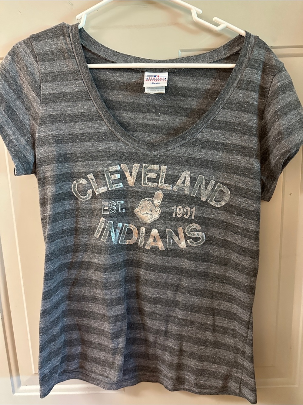 Women's Gray Cleveland Indians Striped V-Neck Tee